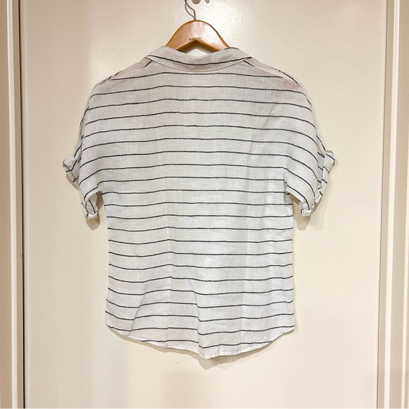 $99 Garnet Hill 100% linen white w/ black stripe short sleeve shirt size 4 - Picture 2 of 7